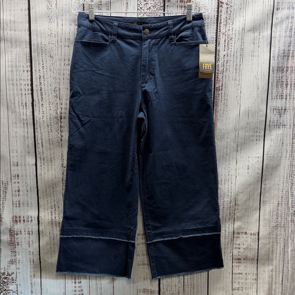 Frye NWT Nightfall Navy Blue Wide Leg Frayed Hem Cropped Pants Size 8